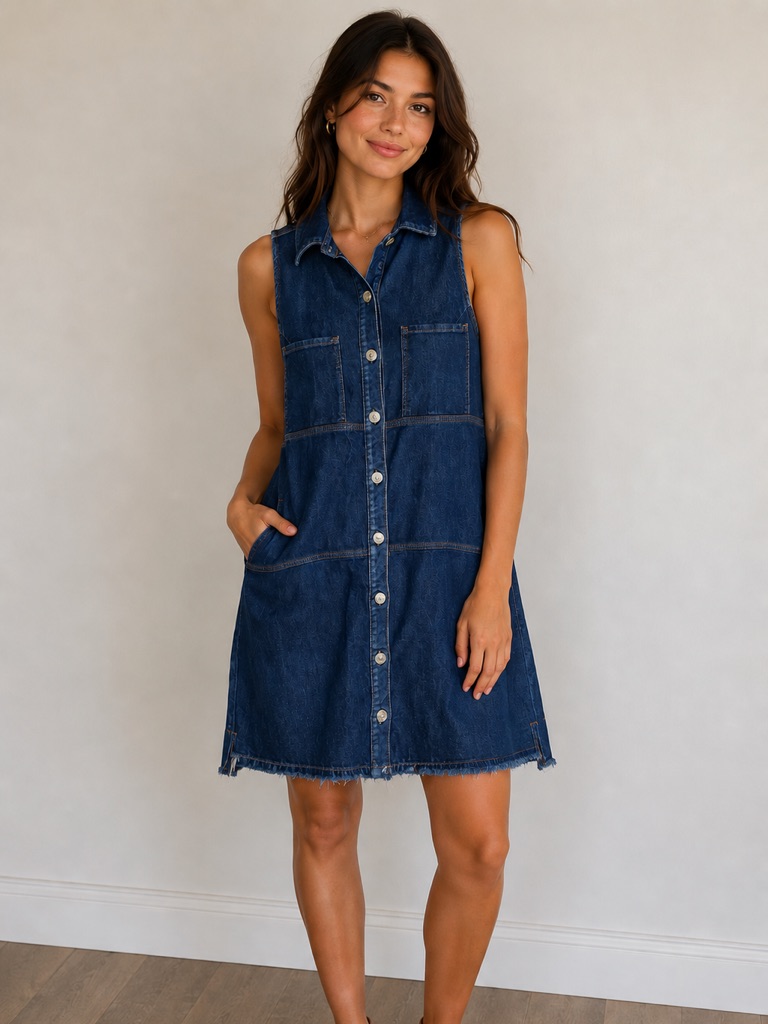 7 For All Mankind Denim Jean Button Down Raw Hem Tunic Mini Dress \\ M